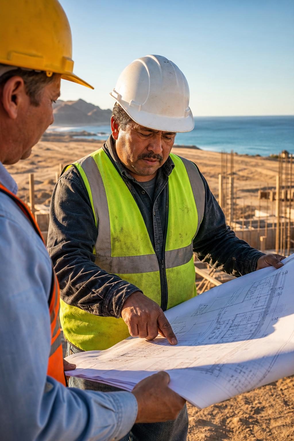 JR Construction foreman reviewing blueprints